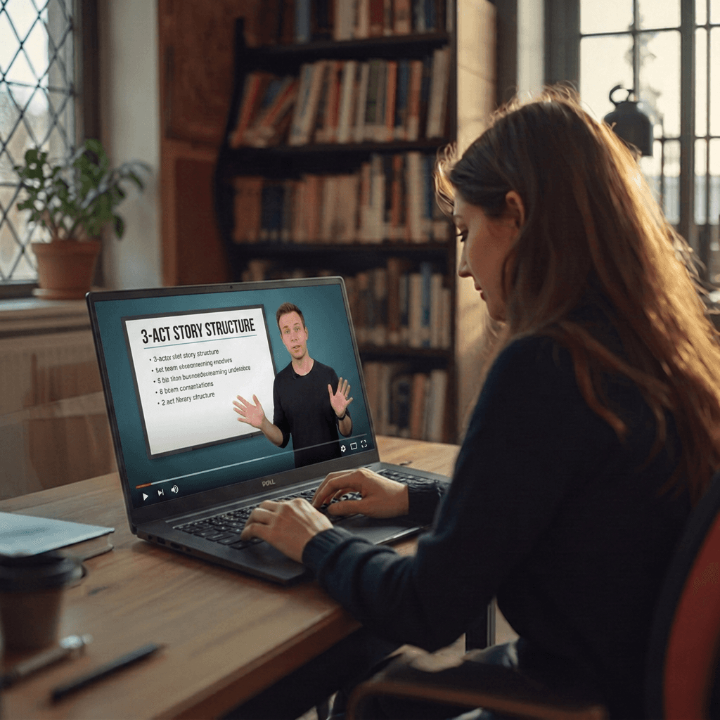 Une apprenante suit sa leçon en vidéo sur son ordinateur portable, le support de cours affiché à côté du tuteur.