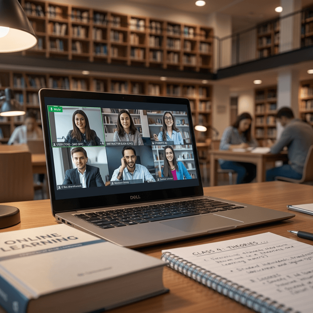 Un ordinateur portable ouvert sur une séance en visio dans une bibliothèque, cahier de notes et manuel posés à côté.