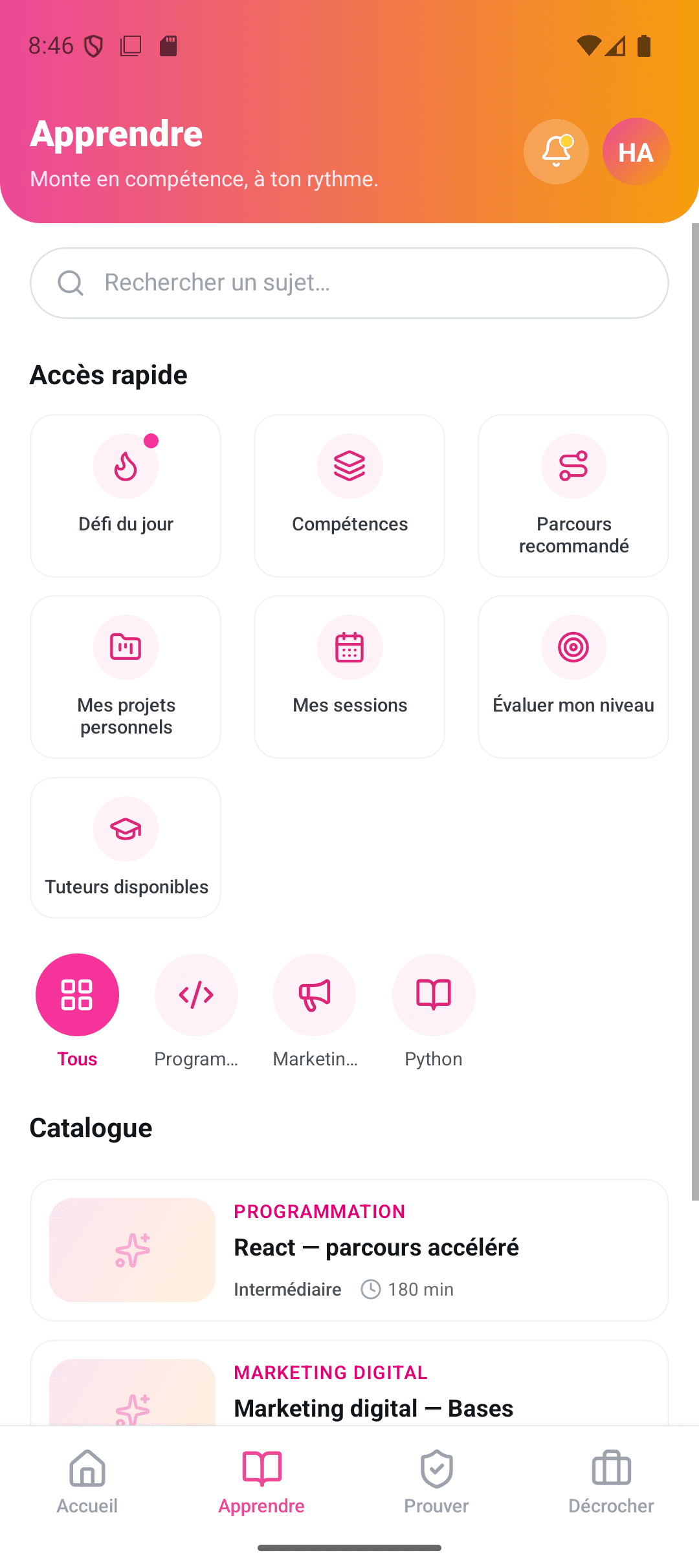 The ZahoUp mobile app learn screen: daily challenge, recommended path and course catalogue