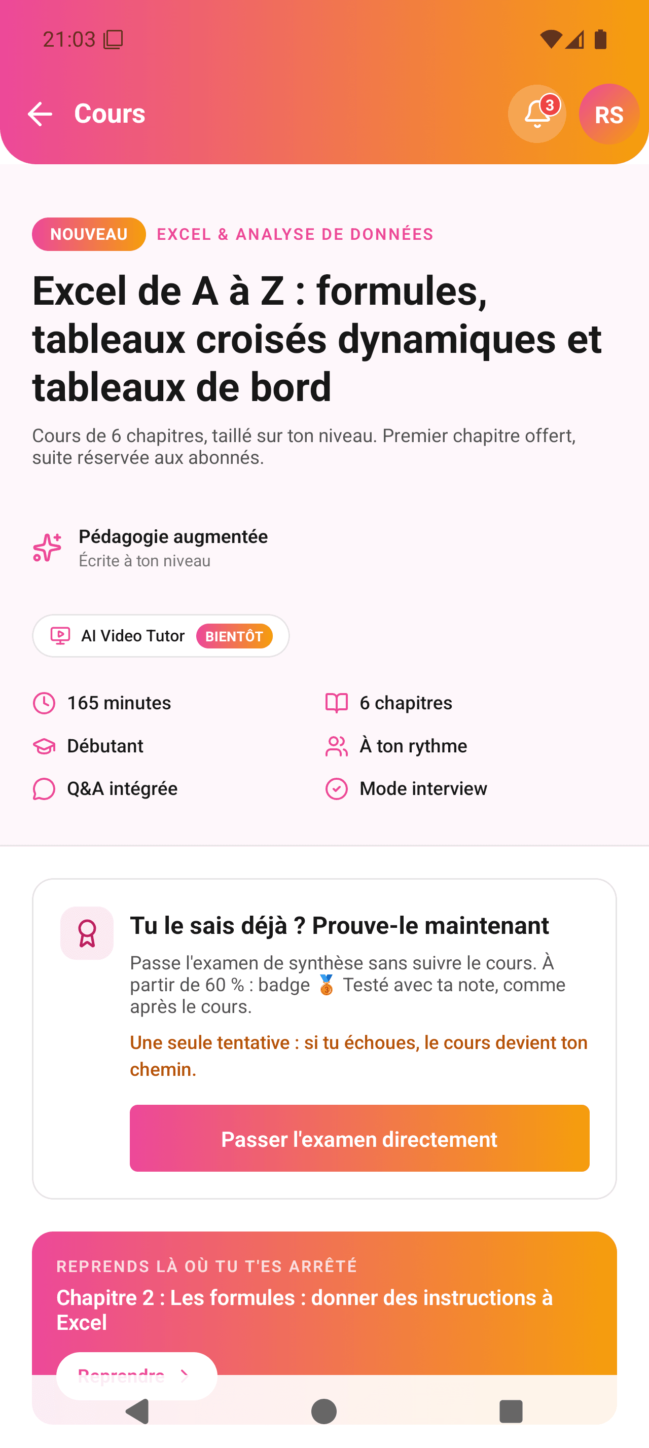 Une fiche de cours de l'application mobile ZahoUp : plan des chapitres, durée et niveau