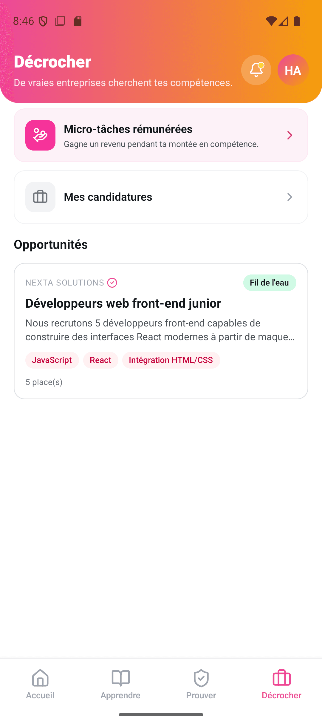 The ZahoUp mobile app opportunities screen: paid micro-tasks and company campaigns