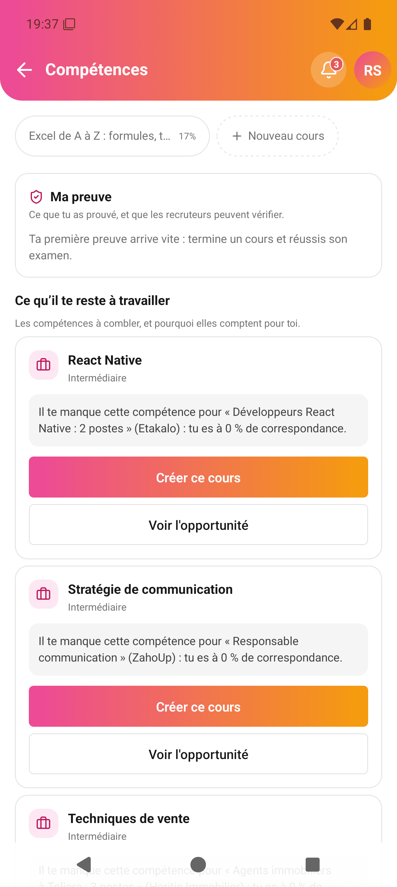 L'écran Compétences de l'application mobile ZahoUp : ce qui est prouvé, et ce qu'il reste à travailler